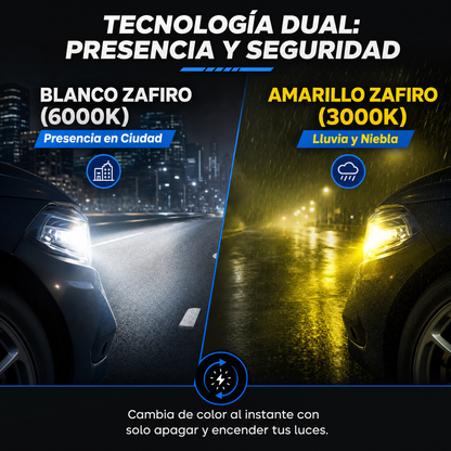 Focos LED Zafiro Dual: Blanco Potente + Amarillo Rompe-Niebla (Juego)